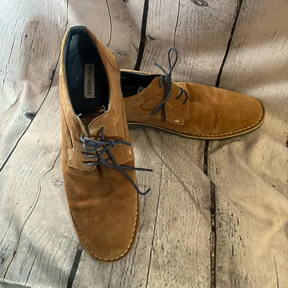 Steve Madden Hatrick Mens Sz 13 Tan Suede Preppy Oxford Shoes Navy Lace Up Shoes